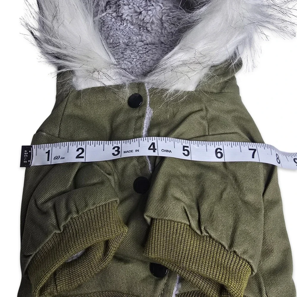 Dog Parka Jacket Medium Olive Green Faux Fur Hood Fleece Lined